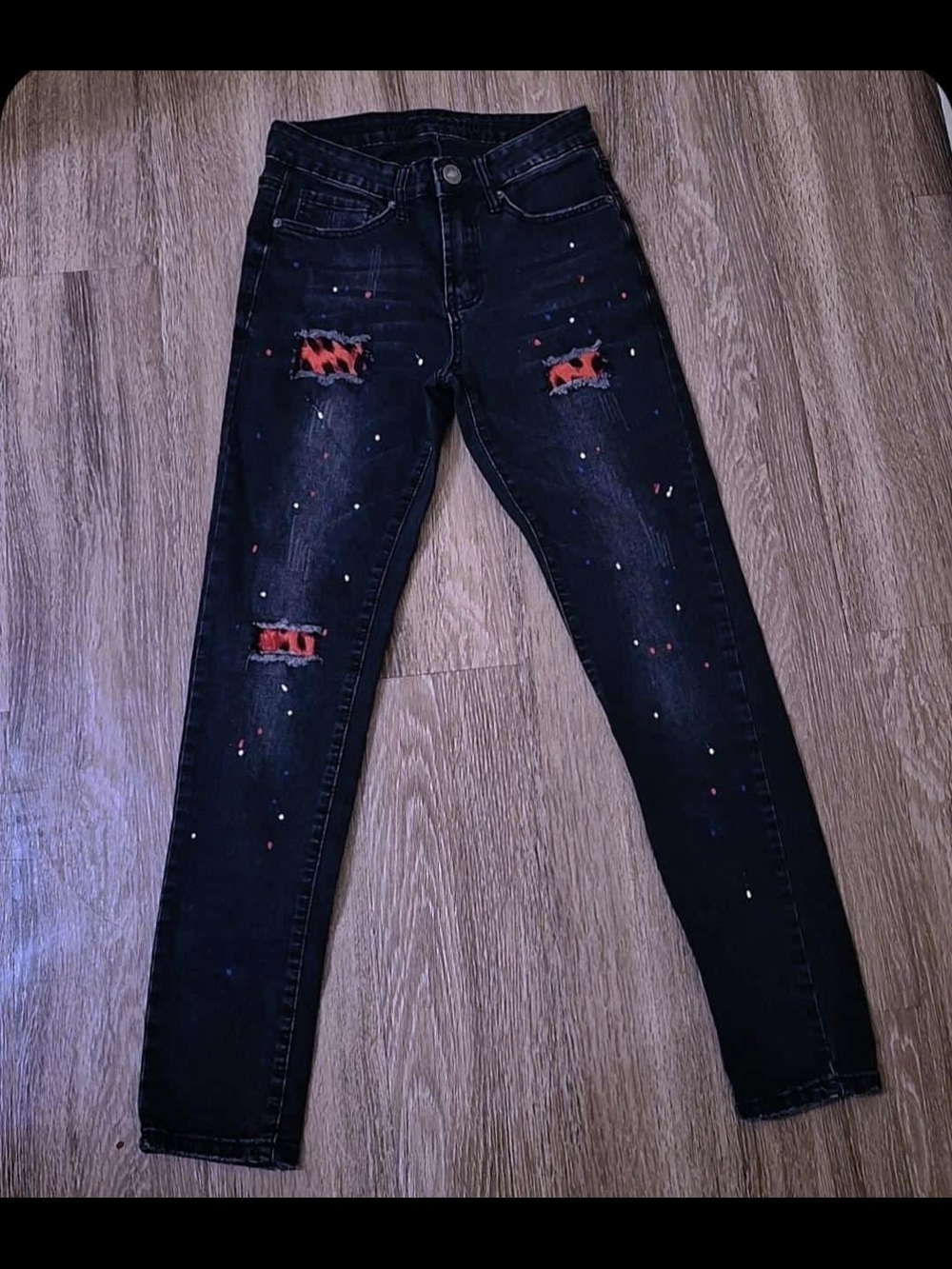 Black Skinny Jeans with Red Patch & Paint-Splatter Detailing
